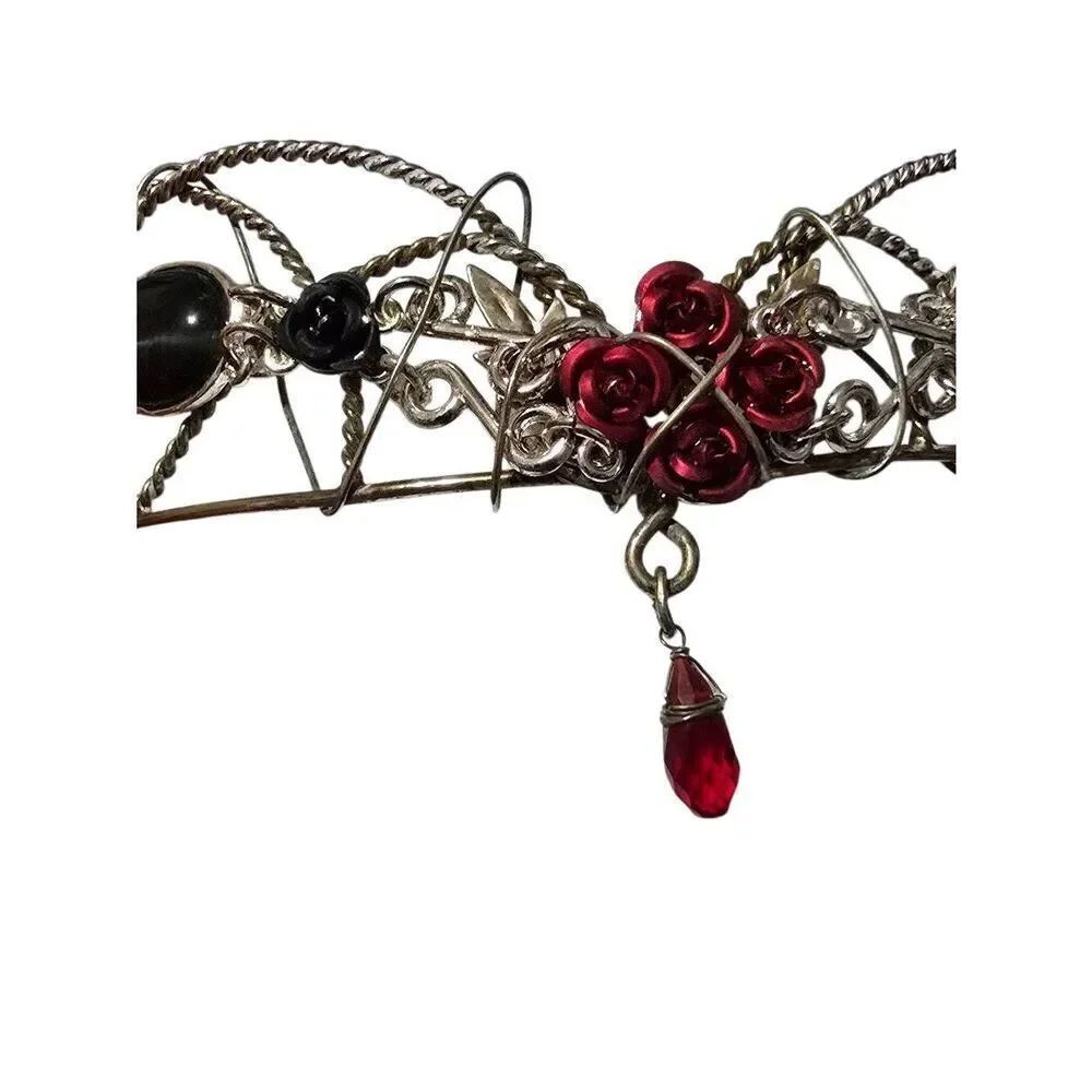 Handcrafted Custom Sterling Silver Circlet Crown with Black Onyx Cabachon and Ro